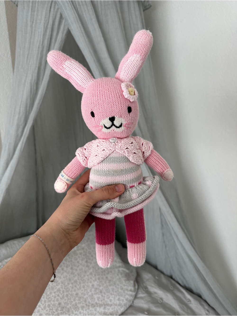 Cuddle + Kind Knit Pink Bunny Plush Doll Dress-Up Toy Adorable Knit Rabbit